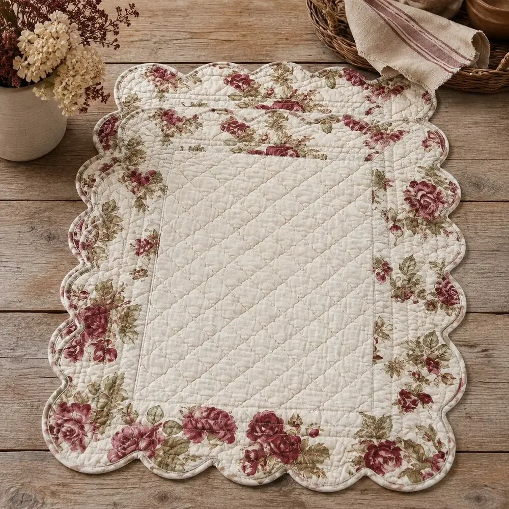 Boutis Piqué Placemats Set of 3 Autumn Rose Floral Quilted French 20x14